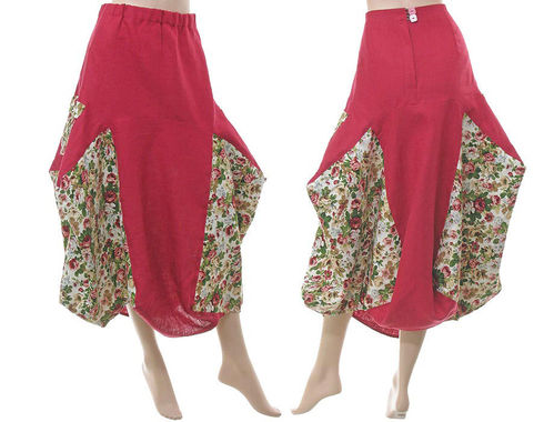 Lagenlook linen balloon parachute skirt with roses, in raspberry red L