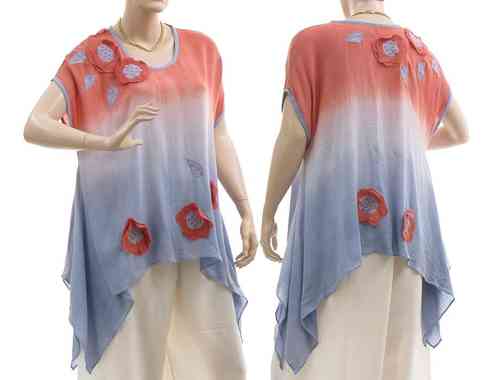Lagenlook flared tunic with flowers and leaves, blue apricot S-M