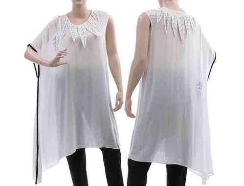 Lagenlook asymmetrical tunic with white leaves, viscose white S-L