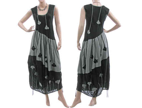 Artsy boho balloon dress with flowers crinkle cotton in black grey S-M