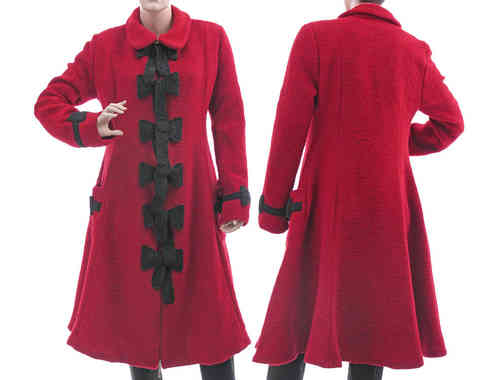 Artsy bell shaped coat boiled wool with bows, red grey M-L