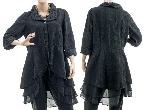 Fancy embroidered silk jacket blouse in black S-M