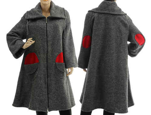 Boho flared coat with collar - boiled wool in grey with red S-L