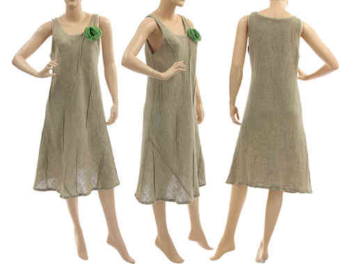 Flared pinafore dress with green flower, linen in natural S-M