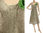 Flared pinafore dress with green flower, linen in natural S-M