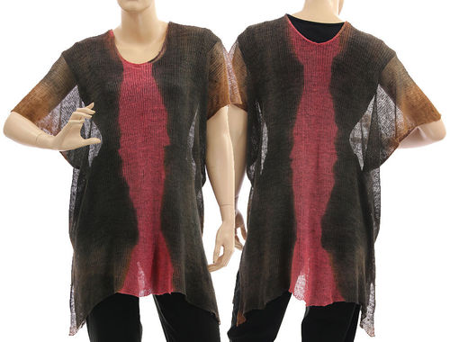 Lagenlook knit linen sweater tunic top, brown pink S-L