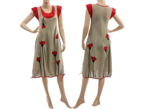 Lovely artsy boho linen dress with poppy flowers in natural red S