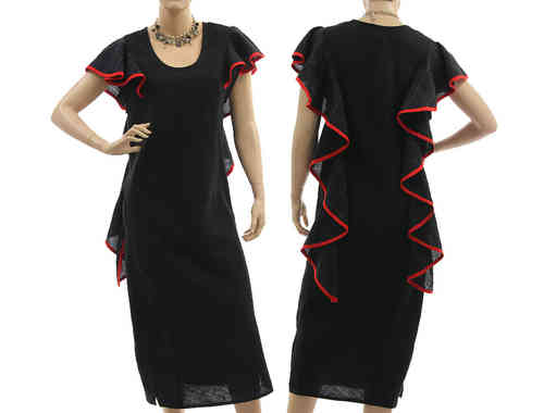 Stunning linen party cocktail dress with flounces in black red S-M