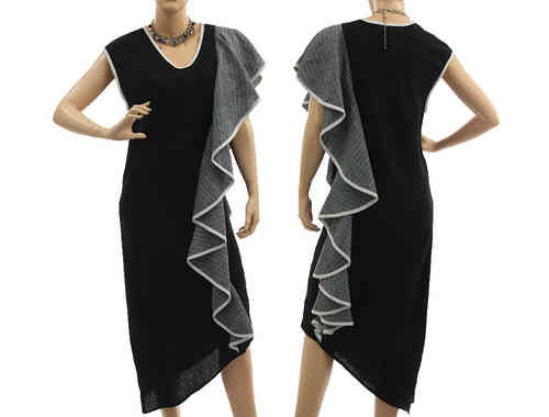 Stunning linen party cocktail dress with a flounce in black grey S-M