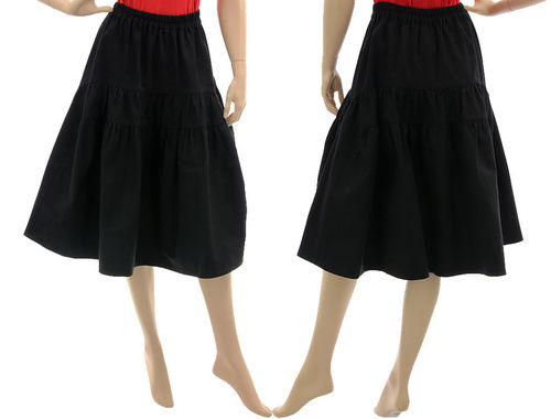 Boho knee-length wide swinging tiered skirt, canvas black S-M