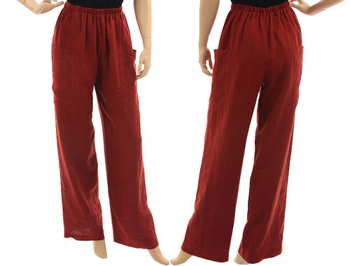 Long wide legs pants for tall women, linen in rust-red S-M