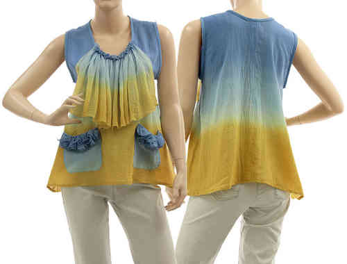 Artsy boho flared tunic with ruffle, frilled pockets in blue yellow S-M
