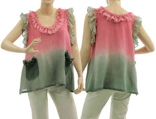Artsy boho flared tunic with ruffles, frilled pockets in grey pink S-M