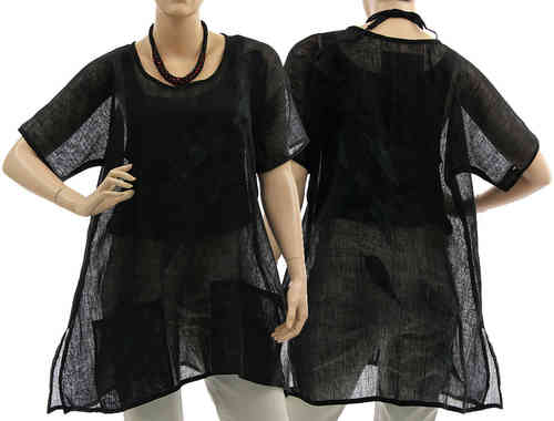 Artsy boho flared tunic with leaves, linen gauze in black S-M