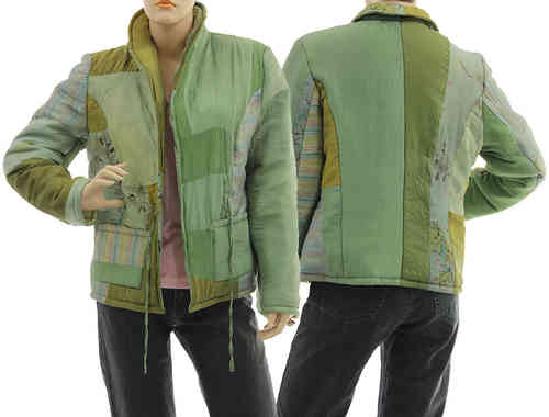 Handmade boho artsy silk coat jacket, patchwork green S M