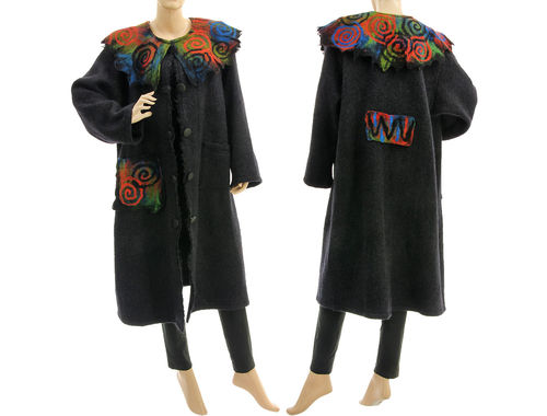 Boho warm coat with felted collar, boiled wool in dark grey L XL