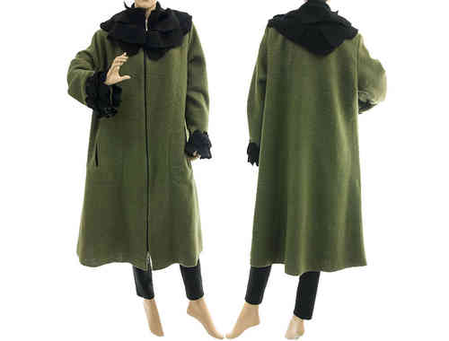Boho artsy coat with rose collar, boiled wool in green black L XL