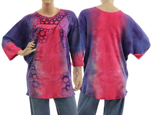 Handpainted artsy boho tunic blouse, cotton in blue lilac pink S-L