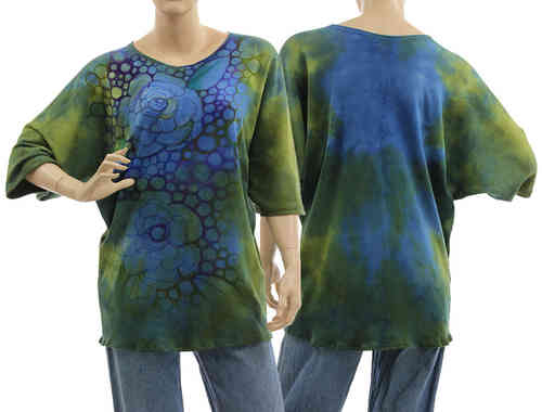 Handpainted artsy boho tunic blouse, cotton in green blue S-L