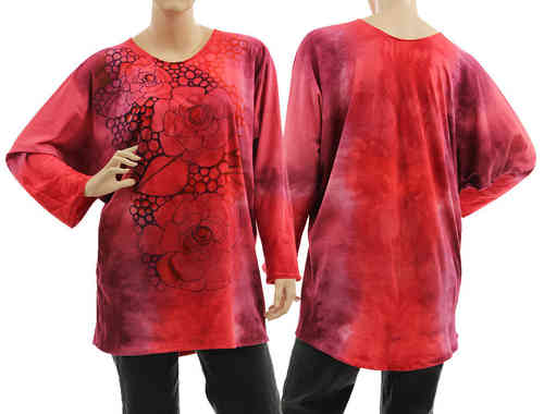 Handpainted artsy boho tunic blouse, cotton in coral red, berry S-L