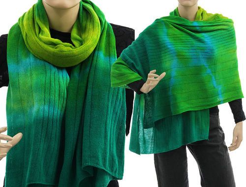 Cozy knit wool shawl wrap cape scarf in green blue S-XXL