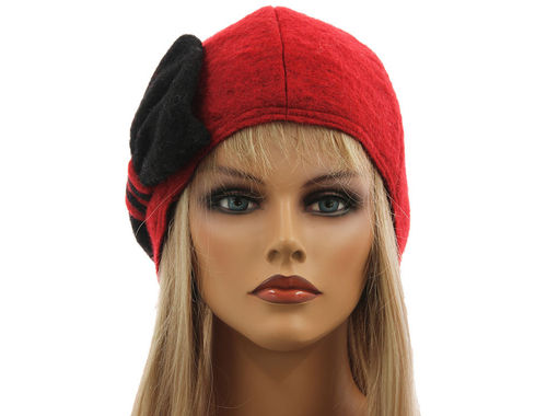 Boho lagenlook hat cap with bow boiled wool in red black M-XL