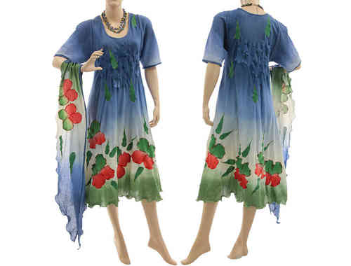 Artsy boho dress with scarf, crinkle cotton in blue red green S-M