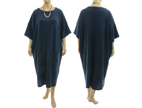 Lagenlook oversized dress 3 pockets, linen in dark blue XL-XXXL