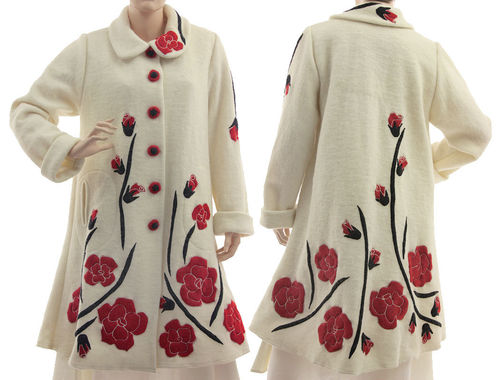 Wedding bridal coat with red roses, boiled wool in off-white S-L