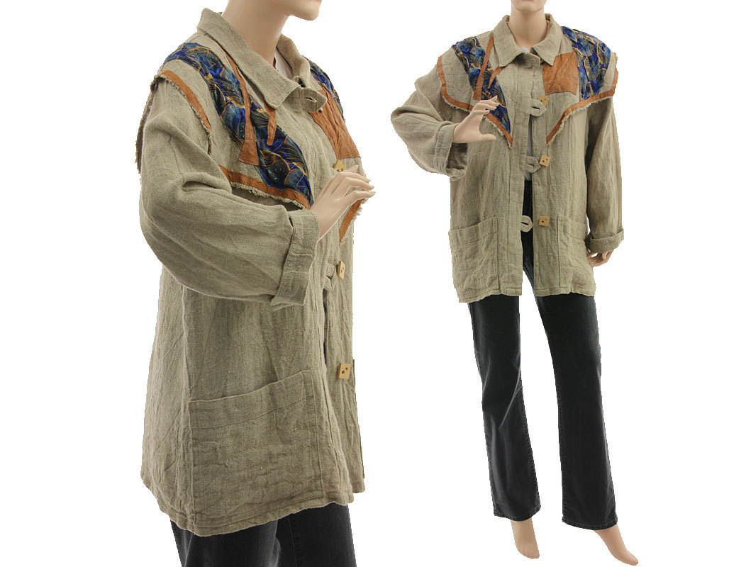 Lagenlook boho jacket with yoke linen natural L - CLASSYDRESS