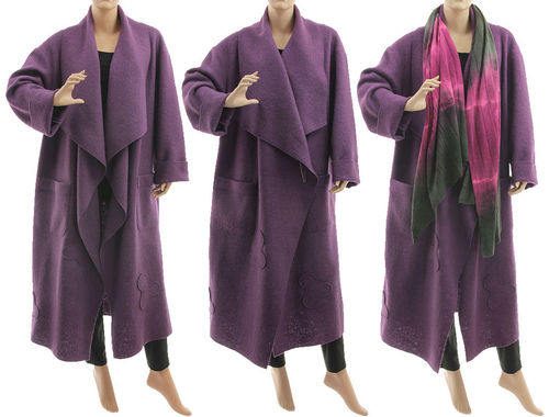 Maxi wrap coat waterfall collar, boiled felted wool in purple L-XL