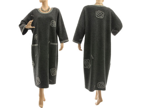 Lagenlook cozy winter dress boiled felted wool in dark grey L-XL