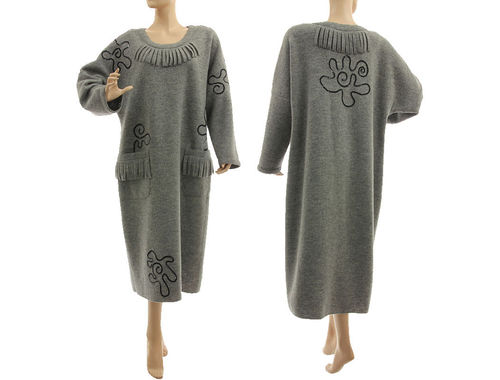 Lagenlook cozy winter dress boiled felted wool in grey with sequins L-XL