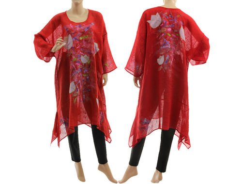 Artsy boho hand painted red linen gauze tunic caftan with flowers L-XXL