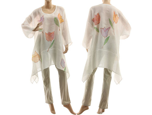 Artsy boho hand painted white linen gauze tunic with flowers M-XL