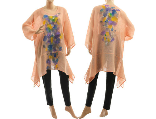 Boho hand painted tunic linen gauze in apricot M-XL
