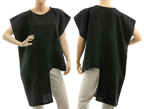 Boho asymmetrical linen tunic top with pocket in black S-M