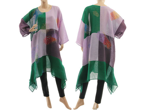 Boho hand painted tunic linen gauze chequerboard in green purple L-XXL