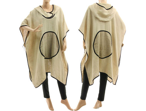 Boho lagenlook hooded linen poncho cover in natural, pale beige S-XXL
