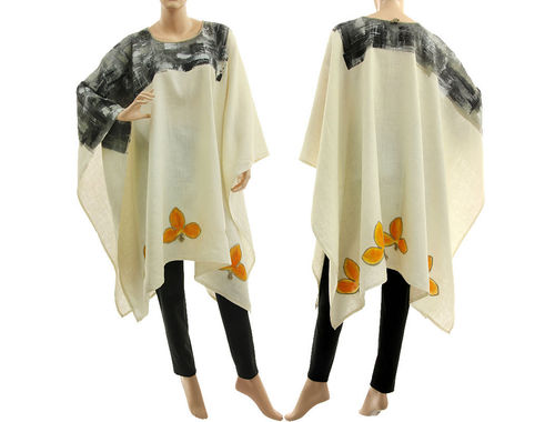 Artsy boho hand painted linen poncho cover caftan in ecru S-XXL