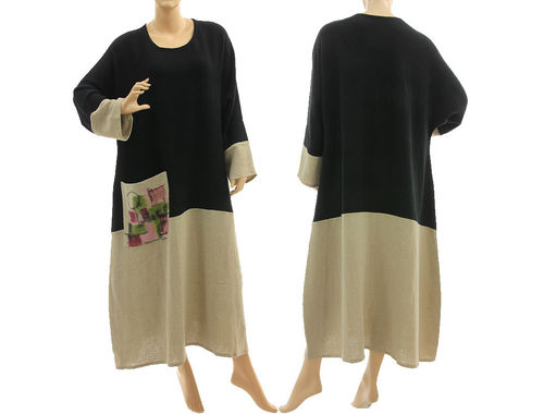 Fall winter maxi dress hand painted, linen crepe in black natural M-XL