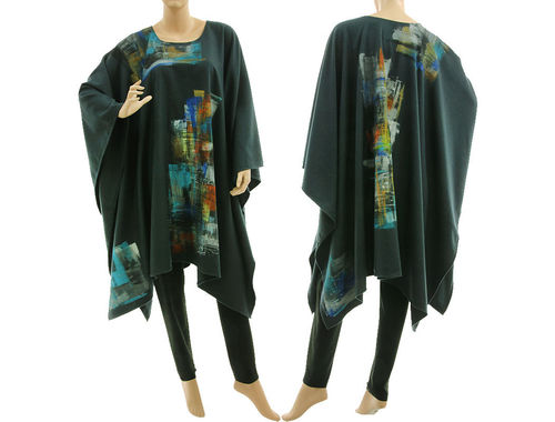 Hand painted lagenlook wool poncho cover in dark teal S-XXL