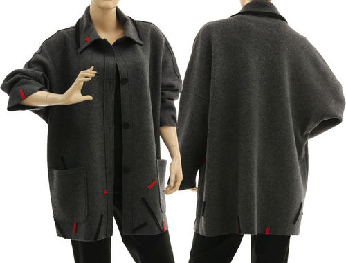 Oversized jacket, boiled felted extra fine merino wool in grey with black and red L-XL