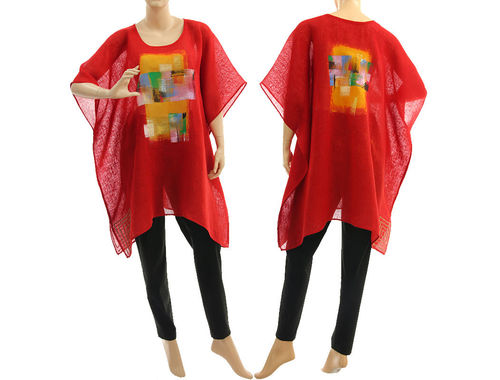 Boho summer hand painted tunic linen gauze in red S-XXL