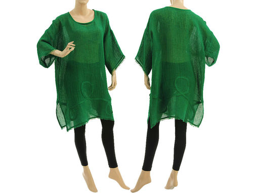 Boho summer tunic, beach dress with fringes, linen in green S-L