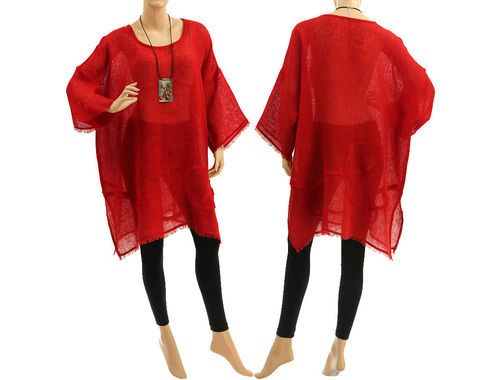 Boho summer tunic, beach dress with fringes, linen in red M-XXL