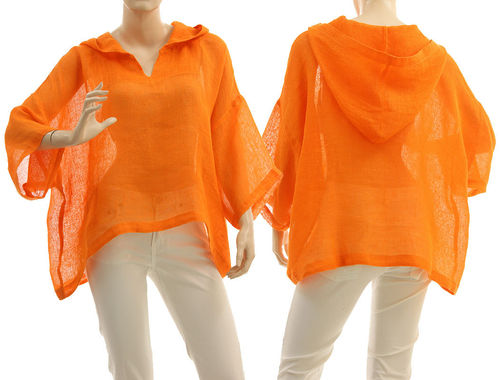 Lagenlook hooded summer tunic linen gauze in orange S-XL