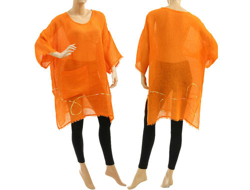 Boho linen tunic, beach dress with pocket and sequins, in orange S-XL