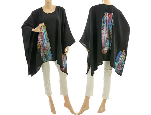 Artsy boho hand painted linen poncho cover up in black S-XXL