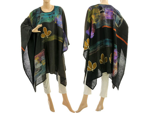 Boho hand painted linen poncho cover in black brown-black M-XXL